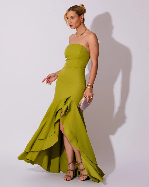 Vestido Longo com Fenda de Babados Alfaiataria Verde Pistache