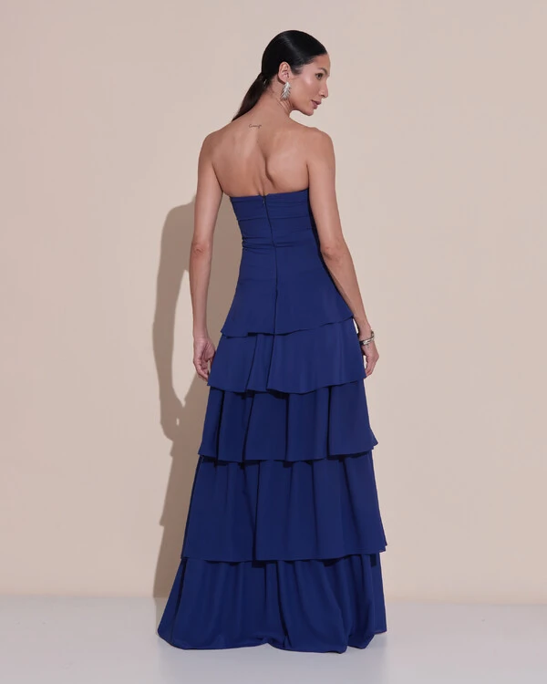 Vestido de Festa Longo Tomara que Caia Drapeado Crepe Chiffon Babados Camadas Azul Marinho