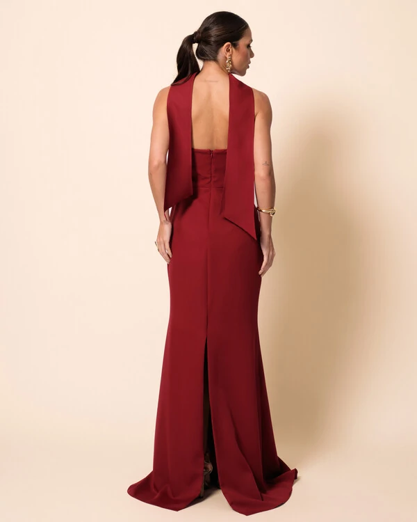 Vestido de Festa Longo Alfaiataria Tomara que Caia Saia Sereia com Lenço Marsala