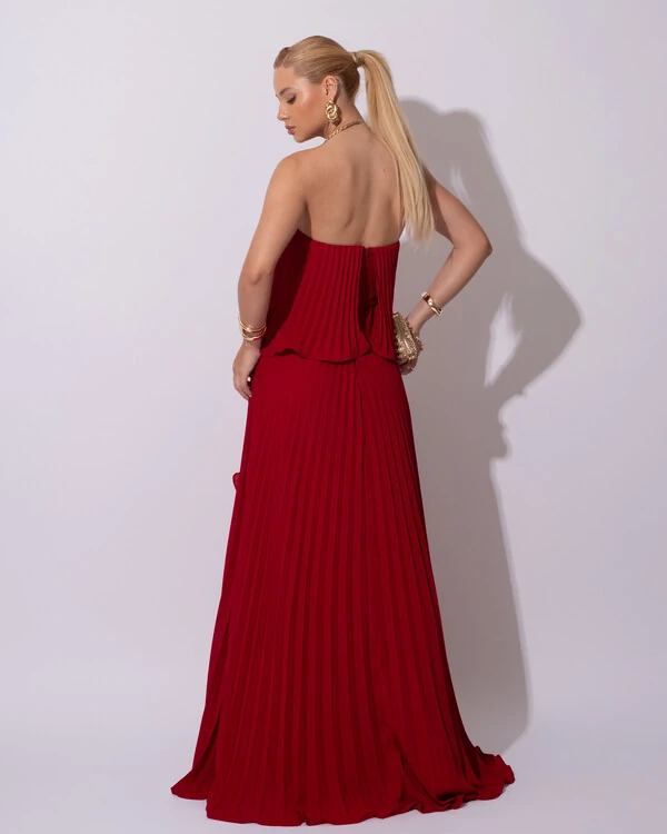 Vestido de Festa Longo Crepe Chiffon Tomara que Caia Plissado com Babado Cascata Marsala