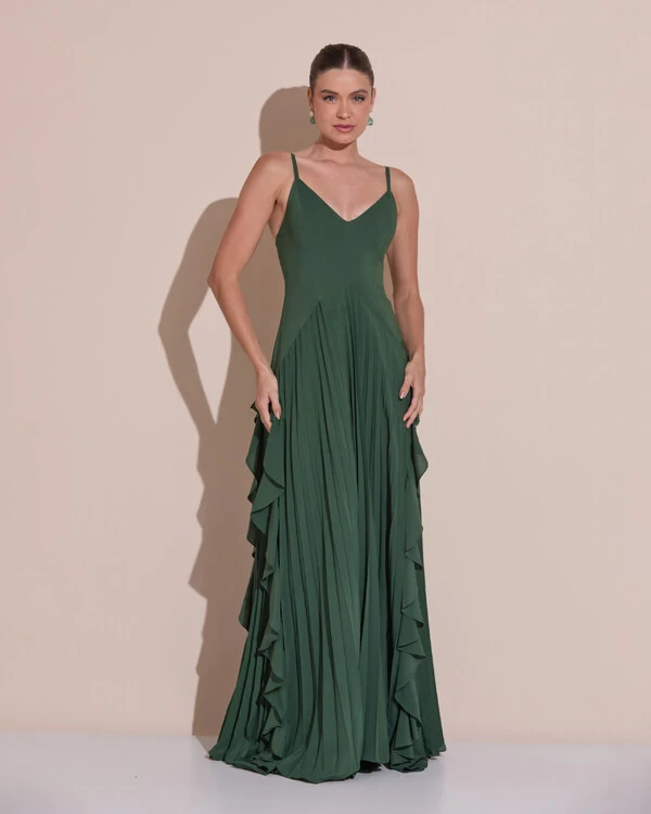 Vestido de Festa Longo Crepe Chiffon Alça Fina Saia Plissada com Babado Cascata Verde Escuro New