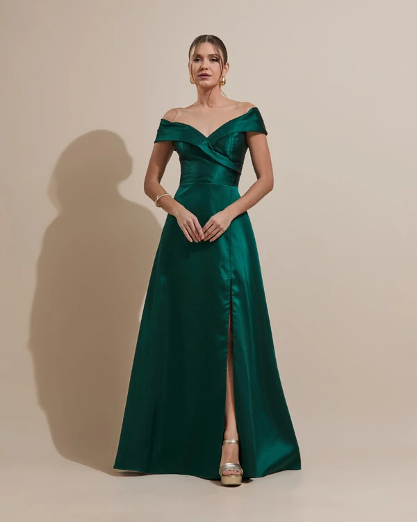 Vestido de Festa Longo Zibeline Ombro a Ombro com Fenda Verde Escuro