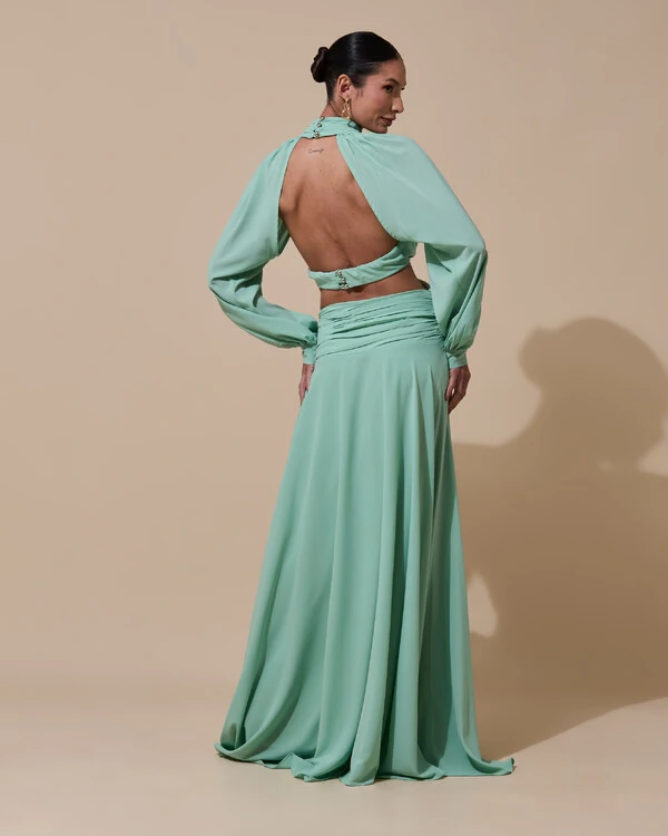 Vestido de Festa Longo Gola Alta Crepe Chiffon Recortes Drapeado Manga Longa Fenda Verde Menta