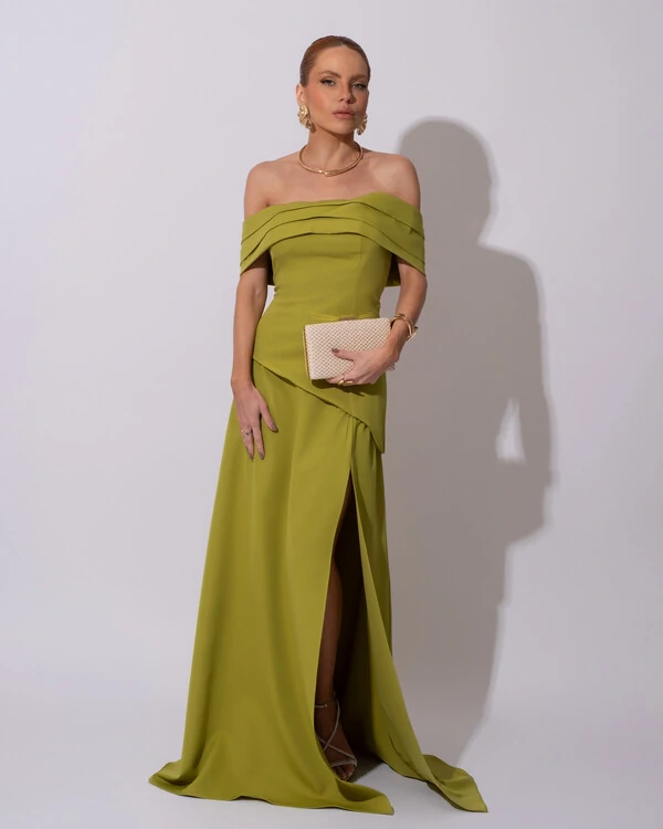 Vestido de Festa Longo Alfaiataria Ombro a Ombro Drapeado com Fenda Verde Pistache
