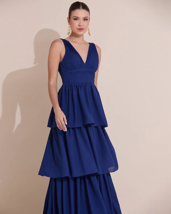 Vestido de Festa Longo Decote V Crepe Chiffon Plissado Camadas Babado Azul Marinho