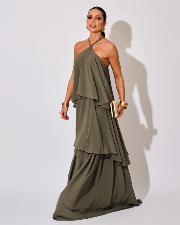 Vestido Longo Babado em Camadas Verde Oliva