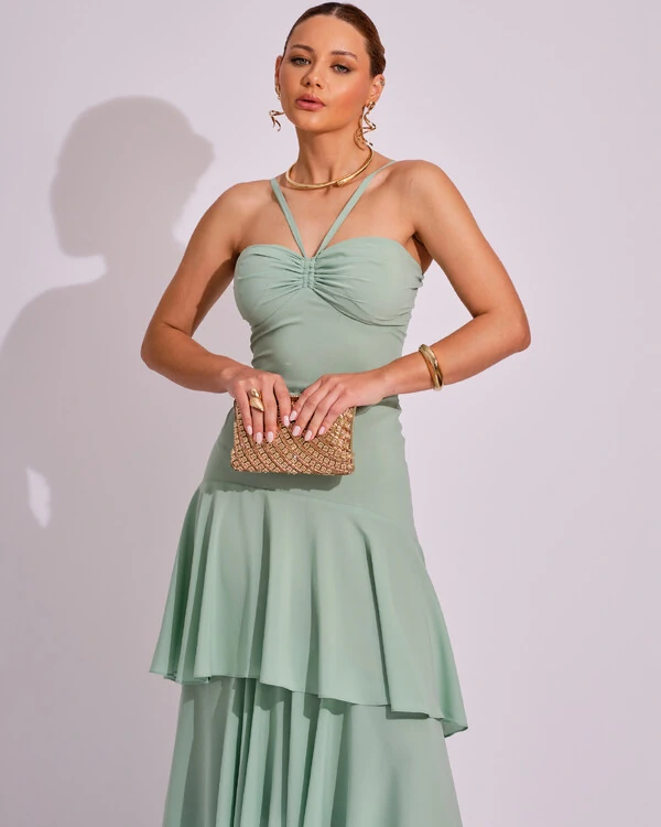 Vestido Longo Frente Única em Crepe com Babados e Camadas Verde Menta