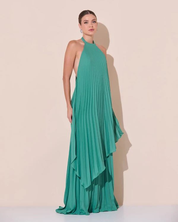 Vestidos de Festa Longo Chiffon Fluido Frente Única Plissado Duplo Verde Matcha Escuro