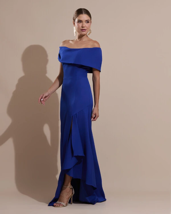 Vestido de Festa Longo Alfaiataria Ombro a Ombro com Babado Cascata Azul Royal