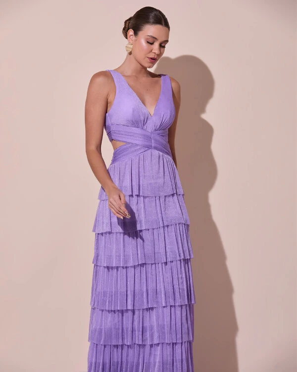 Vestido De Festa Longo Decote V Tule Brilho Recortes Camadas Lilás