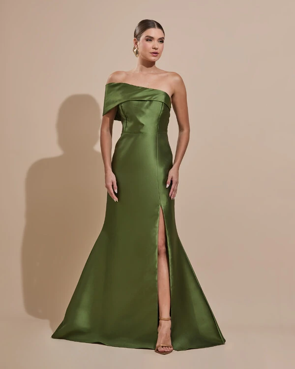 Vestido de Festa Zibeline com Faixa Ombro a Ombro Verde Oliva