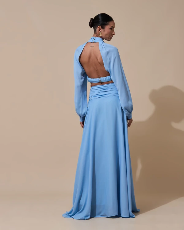 Vestido de Festa Longo Gola Alta Crepe Chiffon Recortes Drapeado Manga Longa Fenda Serenity