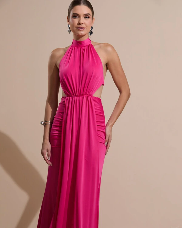 Vestido de Festa Longo Malha Jersey Gola Alta Saia Sereia Pink New