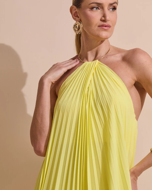 Vestido de Festa Longo Frente Única Plissado Crepe Chiffon Argola Amarelo manteiga