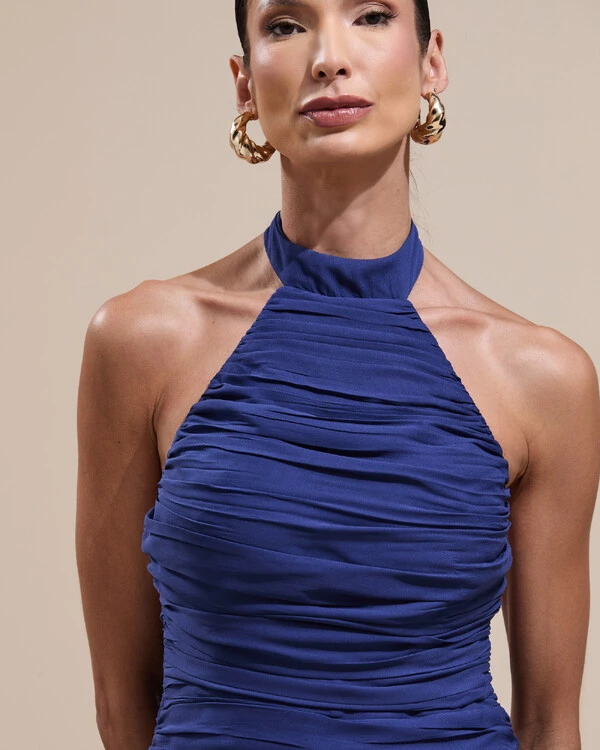 Vestido de Festa Longo Frente Única Crepe Chiffon Drapeado Babados Cascata Azul Marinho