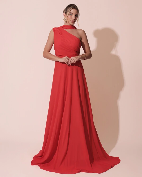 Vestido de Festa Longo Crepe Chiffon Um Ombro Só Drapeado com Lenço Vermelho New