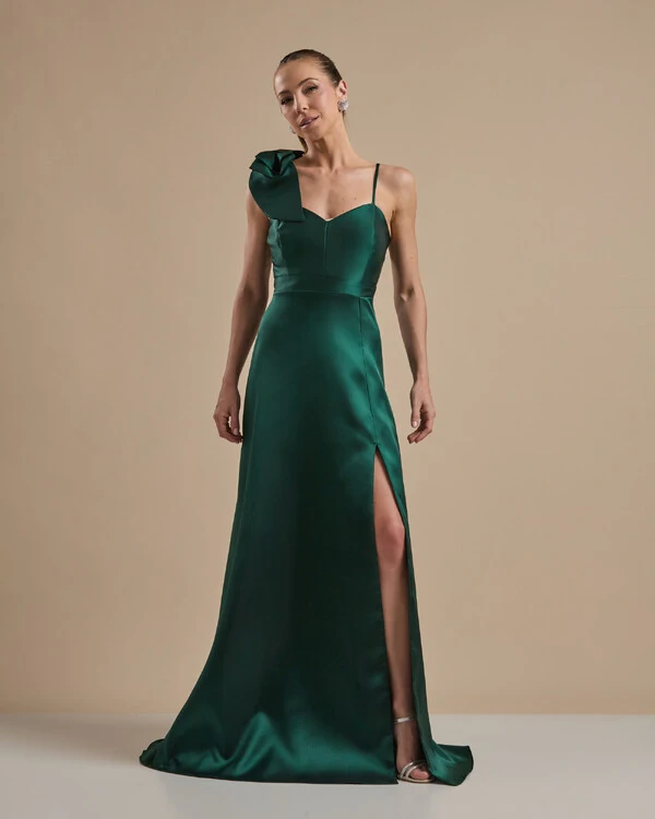 Vestido de Festa Longo em Zibeline com Laço Removível Verde Escuro