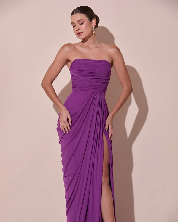 Vestido De Festa Longo Tomara que Caia Tule Drapeado Fenda Fúcsia New