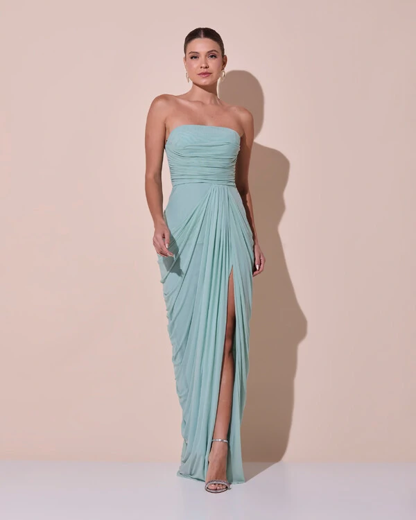 Vestido De Festa Longo Tomara que Caia Tule Drapeado Fenda Verde Menta