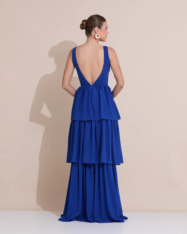 Vestido de Festa Longo Decote V Crepe Chiffon Plissado Camadas Babado Azul Royal