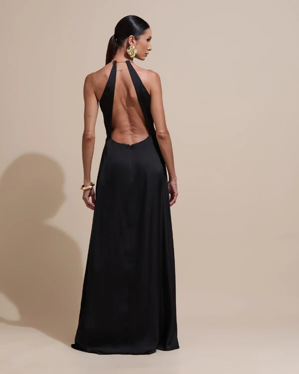 Vestido de Festa Longo Cetim Fluido com Argola Frente Única Preto