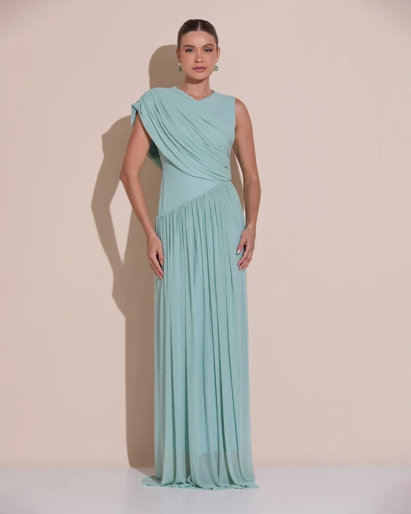 Vestido de Festa Longo Capa Drapeado Tule Saia Fluida Verde Menta