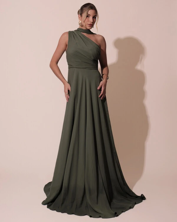 Vestido de Festa Longo Crepe Chiffon Um Ombro Só Drapeado com Lenço Verde Oliva