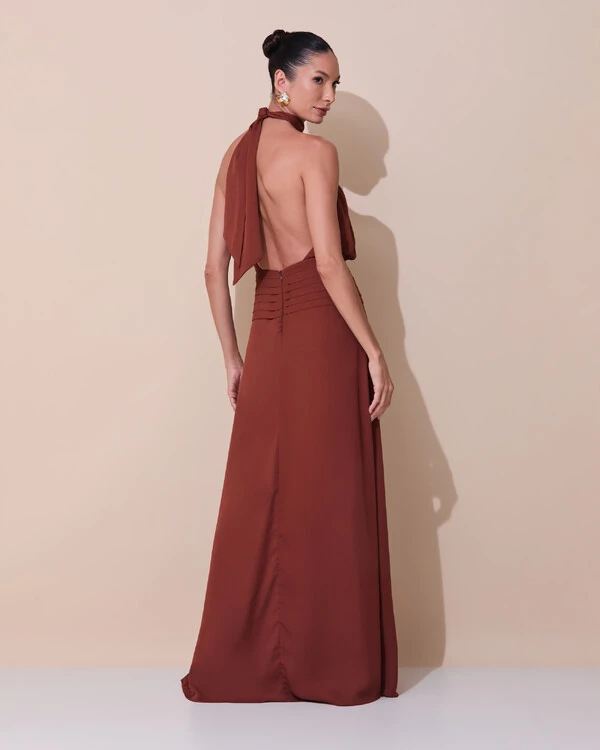 Vestido de Festa Longo Frente Única Busto Blousê Crepe Chiffon Drapeado Marrom New
