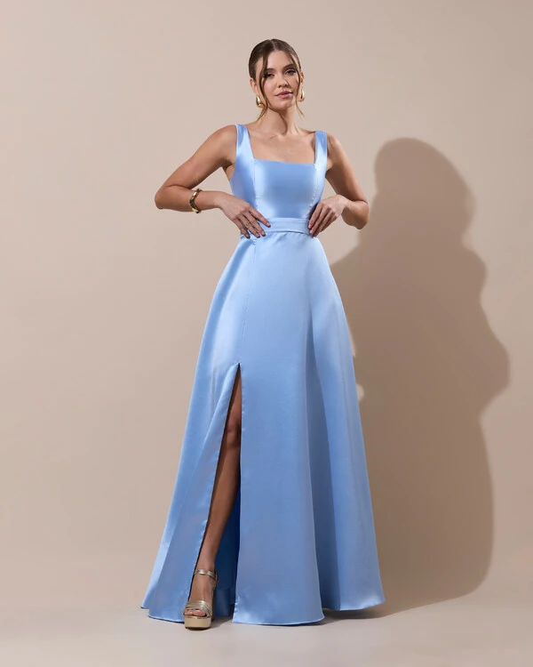 Vestido de Festa Longo Zibeline com Fenda e Faixa Serenity New