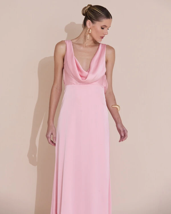 Vestido de Festa Longo Cetim Fluido Degagê Rose Gold