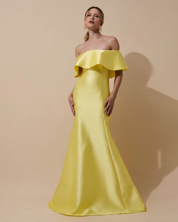 Vestido de Festa Longo Zibeline Ombro a Ombro com Babado Amarelo Manteiga