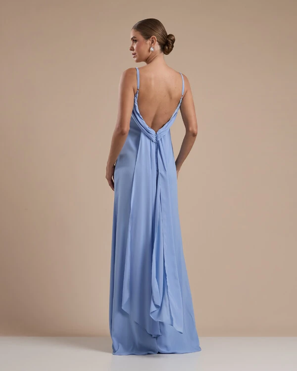 Vestido de Festa Longo Crepe Chiffon Costas Lenço Cauda Serenity
