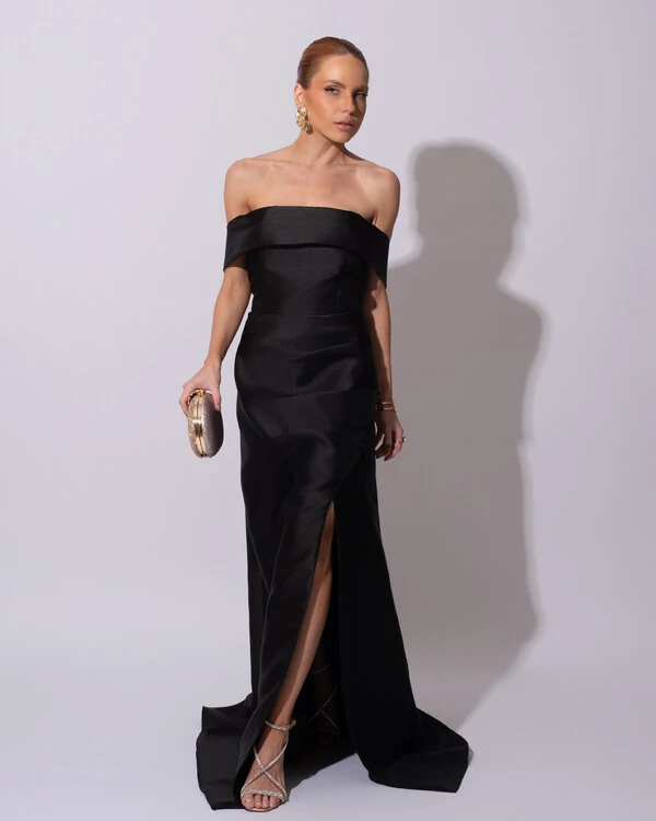 Vestido de Festa Longo Zibeline Ombro a Ombro Drapeado e Fenda Preto