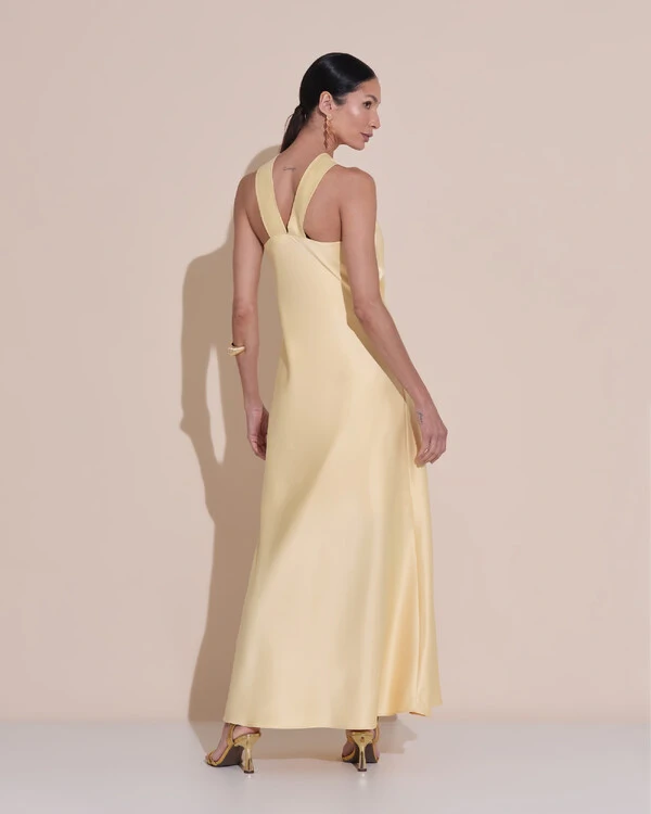 Vestido de Festa Midi Frente Única Cetim Amarelo Manteiga