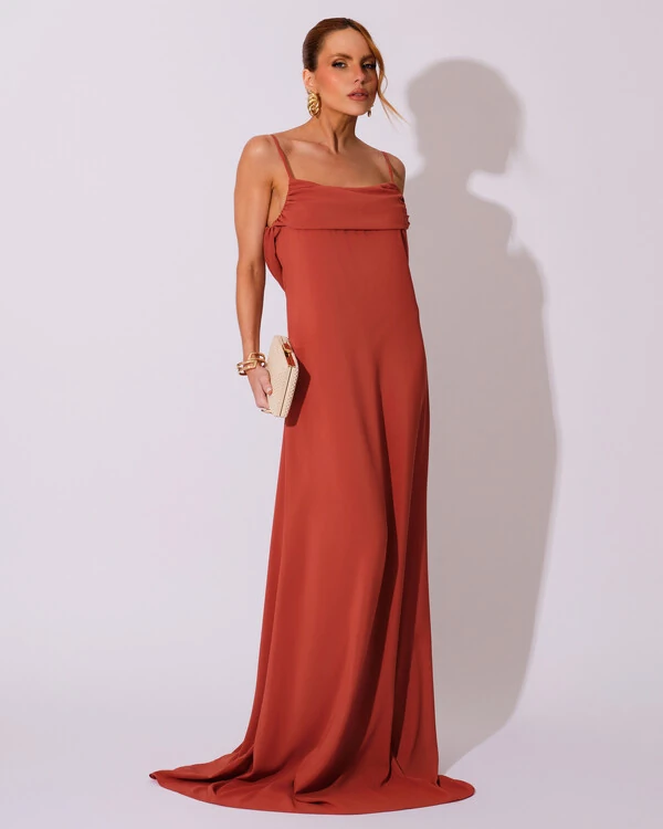 Vestido de Festa Longo Crepe Chiffon Costas Lenço Cauda Terracota