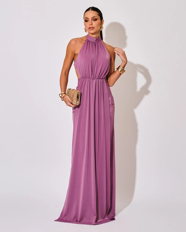 Vestido de Festa Longo Malha Jersey Gola Alta Saia Sereia Lilás