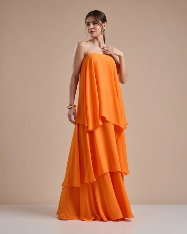 Vestido de Festa Longo Chiffon Crepe em Camadas com Lenço Laranja
