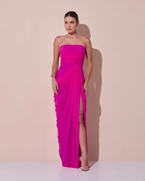 Vestido De Festa Longo Tomara que Caia Tule Drapeado Fenda Pink New