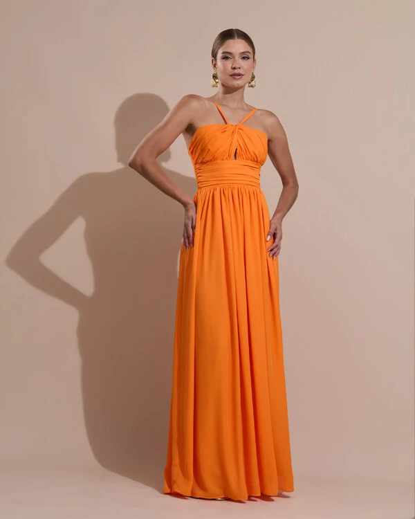 Vestido de Festa Longo Crepe Chiffon Drapeado com Alças Finas Laranja