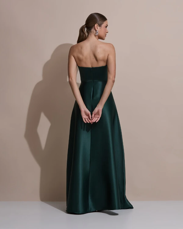 Vestido de Festa Longo Tomara que Caia Decote Coração Cetim Cruzado Costas Verde Escuro