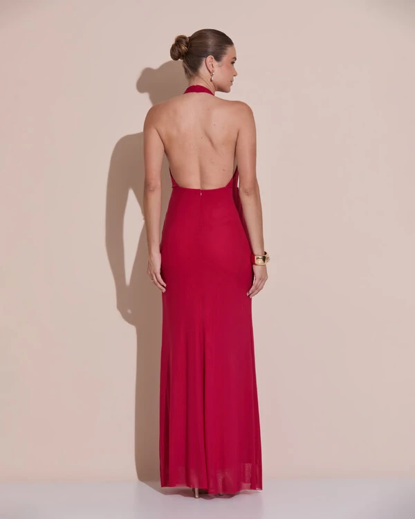 Vestido de Festa Longo Frente Única Decote V Tule Drapeado Faixa Cereja