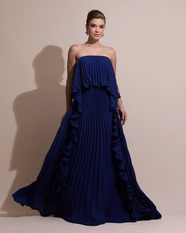 Vestido de Festa Longo Crepe Chiffon Tomara que Caia Plissado com Babado Cascata Azul Marinho
