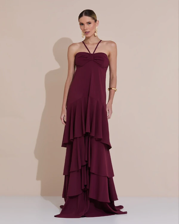 Vestido Longo Crepe com Babado em Camadas Marsala