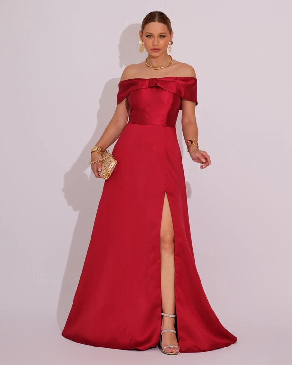 Vestido de Festa Longo Ombro a Ombro Laço Zibeline com Fenda Marsala
