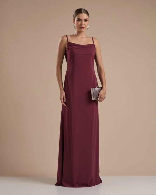 Vestido de Festa Longo Crepe Chiffon Costas Lenço Cauda Marsala