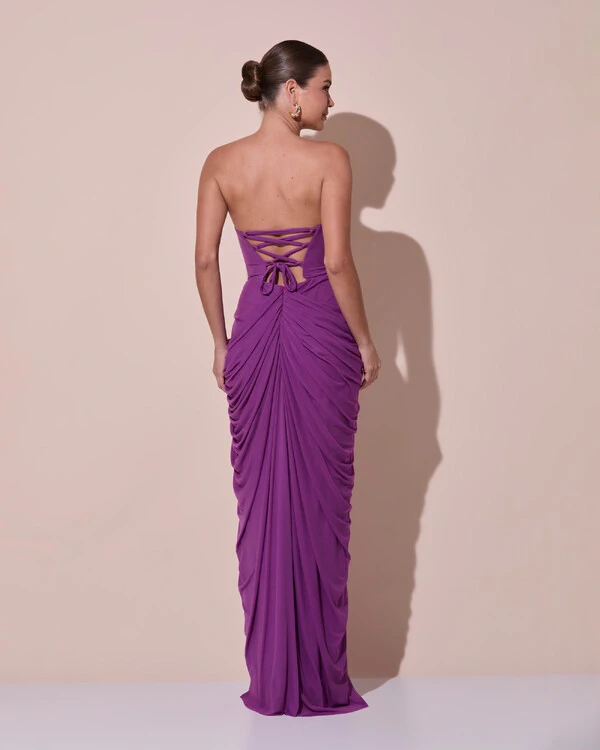 Vestido De Festa Longo Tomara que Caia Tule Drapeado Fenda Fúcsia New