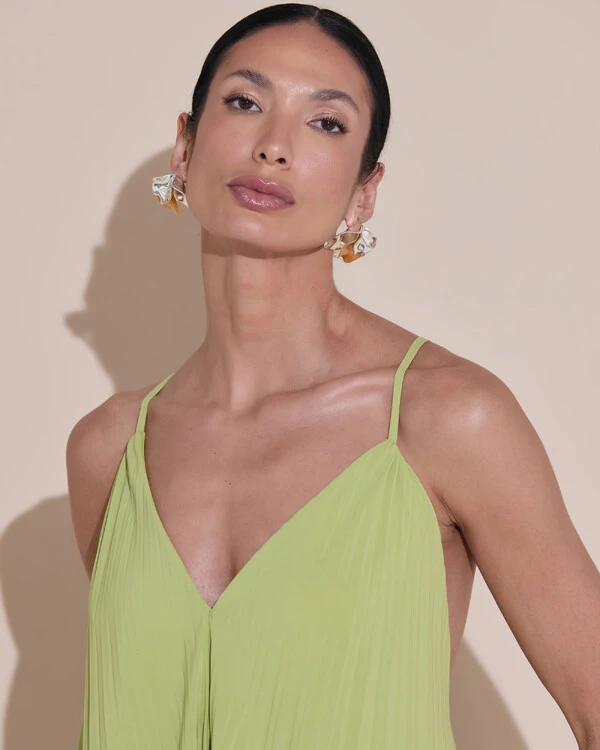 Vestido de Festa Longo Plissado Crepe Chiffon Decote V Alças Finas Verde Garden