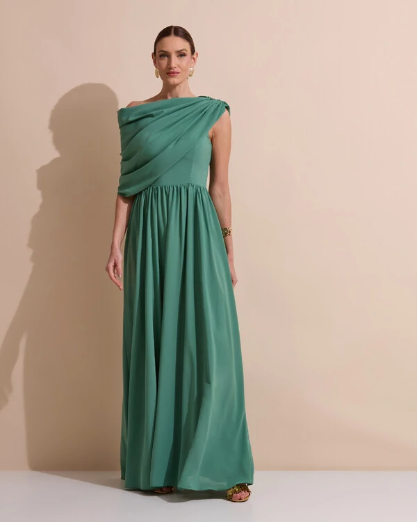 Vestido de Festa Longo Um Ombro Só Crepe Chiffon Capa Drapeado Verde Matcha Escuro