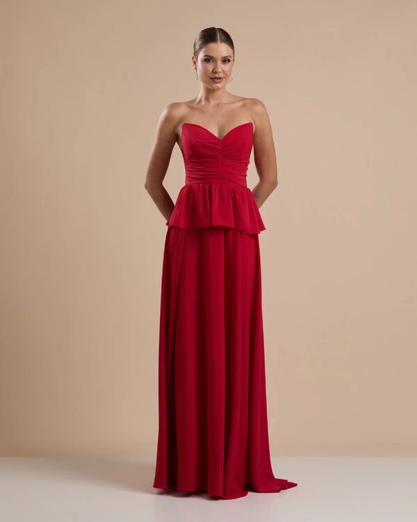 Vestido de Festa Longo Crepe Chiffon Tomara que Caia Peplum Drapeado Vermelho