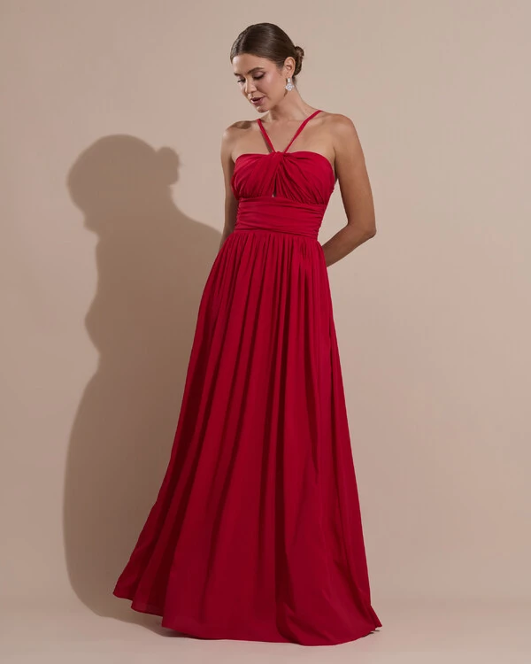 Vestido de Festa Longo Crepe Chiffon Drapeado com Alças Finas Vermelho